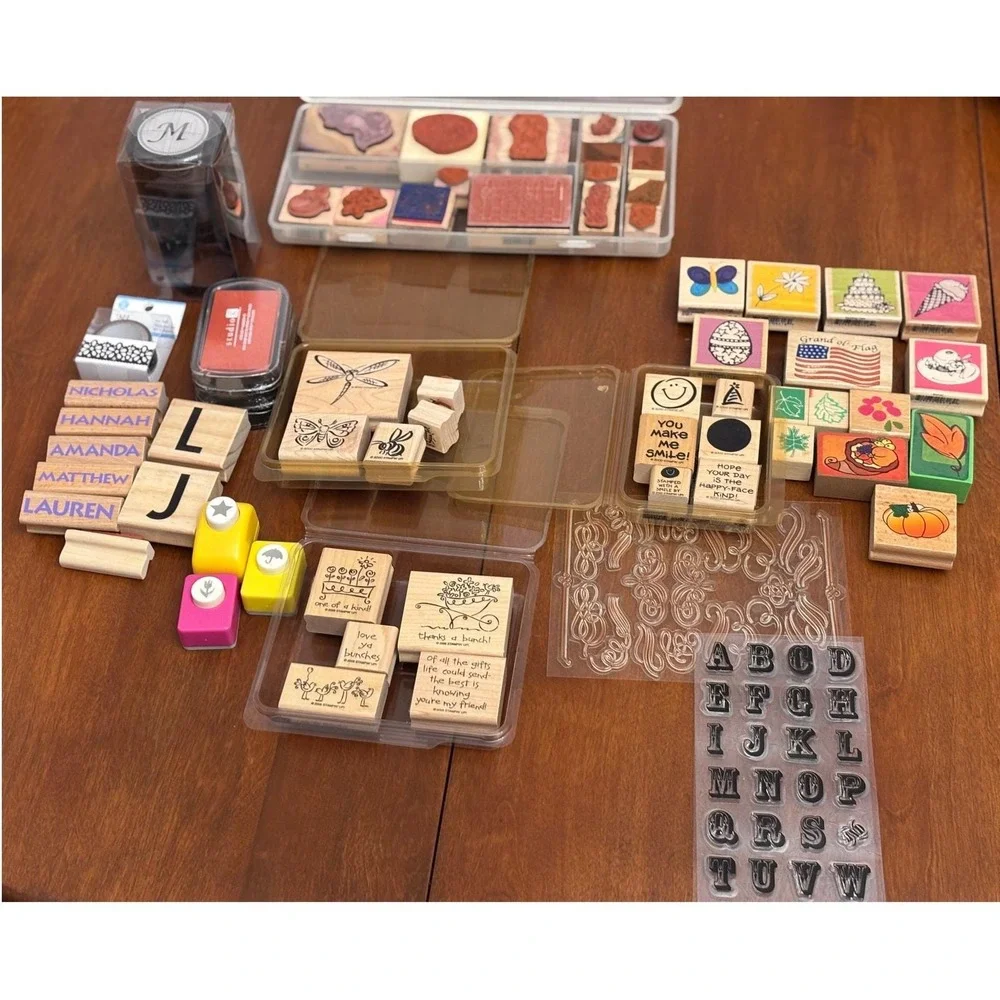 Teacher School lot of 50+ Rubber wood Stamps Alphabet Names seasonal designs ink